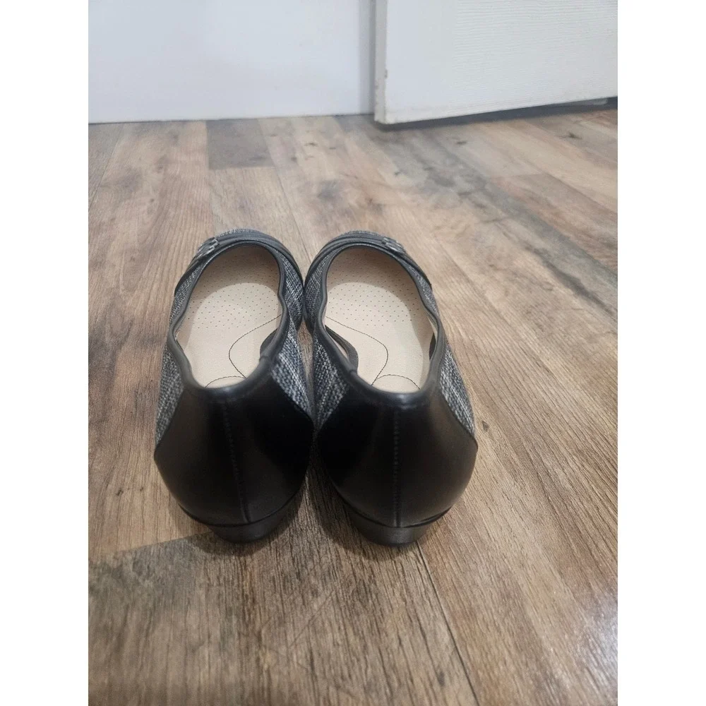 LifeStride‎ Fawn Grey Plaid Wedge Pumps Black Straps Soft System Size 10M